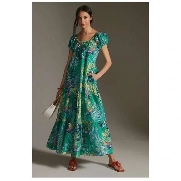 Anthropologie Maeve Tropical Green Tiered Maxi Dress Sz. S Dresses